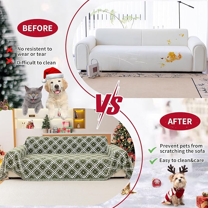 Reversible Couch Cover Blanket, Christmas Couch Cover, Chenille Sofa Cover Blanket, Christmas Sofa Covers Washable, 71"×150" Couch Protector for Recliner & Chair (1PC, Green, Oversized Sofas)
