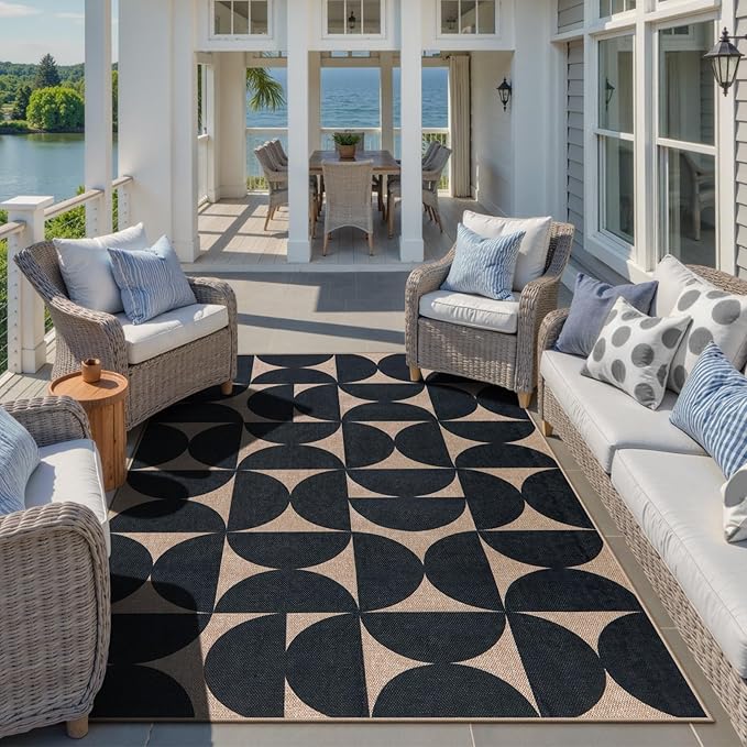 Lahome Modern Geometric Easy Jute 5x7 Rugs, Washable Carpet for Living Room Dining Room, Neutral Black Semi-Circle Rug for Outdoor Patio Office Classroom Backyard
