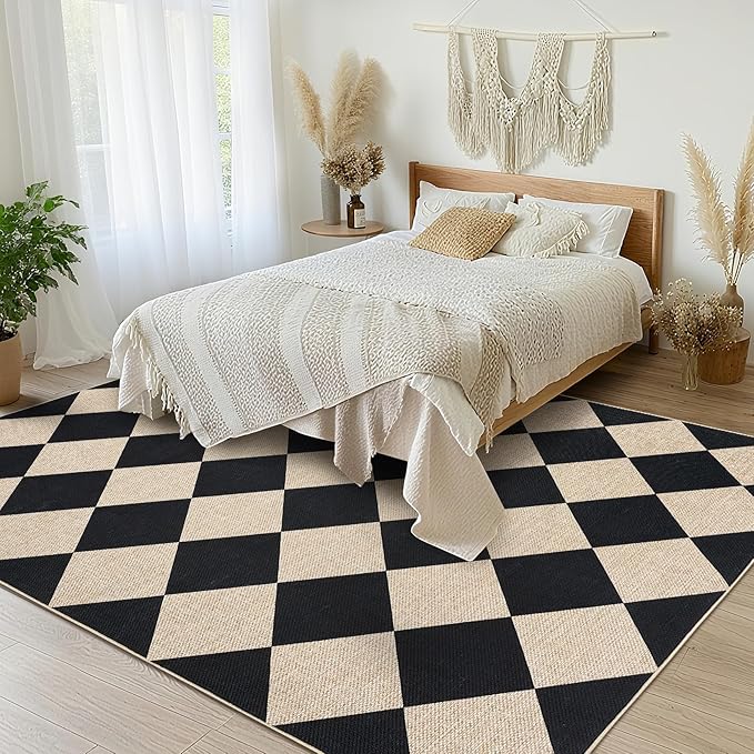GarveeHome Easy Jute Area Rugs 6x9 for Living Room Non-Slip Backing Checkered Rugs Machine Washable Modern Indoor Outdoor Carpets for Dining Room Nursery Patio Bedroom Backyard Camping Black