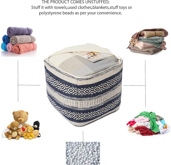 REDEARTH · UNSTUFFED Pouf Ottoman Cover Textured Cube Bean Bag Poof Pouffe Footrest for Living Room, Bedroom, Patio, Gym; 100% Cotton (18"X18"X18", Indigo Impressions)