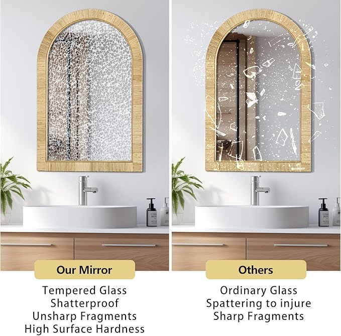 24x36 inch Rattan Arched Mirror for Wall, Bohemia Bathroom/Farmhouse Boho Mirrors, Vanity Irragular Decorative Arched Mirror, Suitable for, Bedroom, Living Room, Home Decoration
