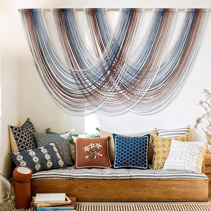 Macrame Wall Hanging Boho Wall Decor Red Blue Gradient Fiber Wall Art Handmade Yarn Wall Decor for Living Room Bedroom Nursery Apartment 57" W x 31" L