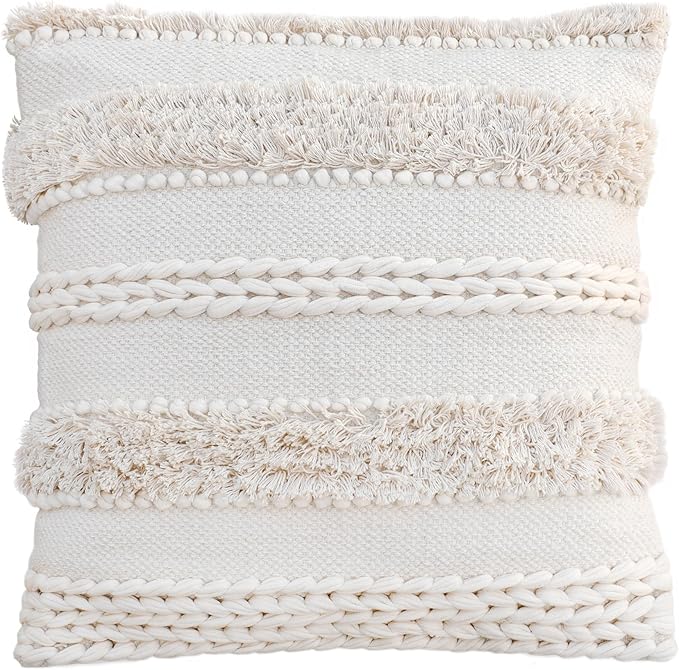 Cream Beige Boho Decor Throw Pillow Cover 20x20 - Textured Woven Handmade Decorative Pillow Case for Living Room Decor, Couch, Bedroom, Office (Pack of 1)