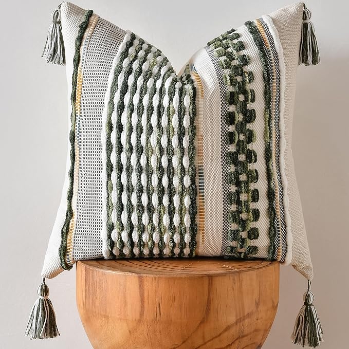 AmHoo Chenille Striped Textured Boho Throw Pillow Covers Aesthetic with Tassels Woven Decorative Pillow Case for Couch Bed Sofa Bedroom Modern Funky 18 x 18-Inch Sage Green