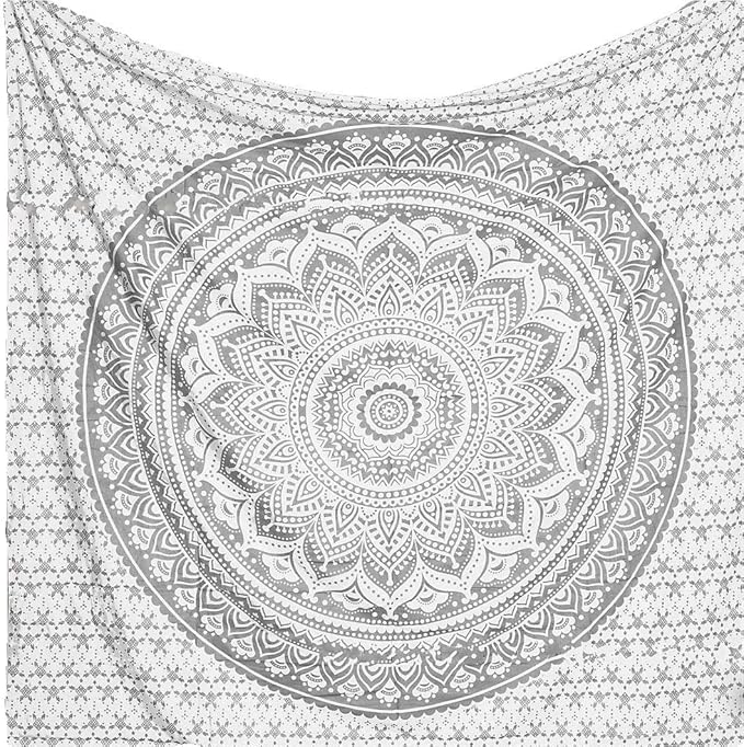 ANJANIYA Ombre Wall Hanging Bohemian Tapestry, Metallic Wall Art Bedspread, Psychedelic Hippie Mandala Dorm Décor for Hanging, Bedding, Beach Coverlet Curtain, Silver, 54"X60"