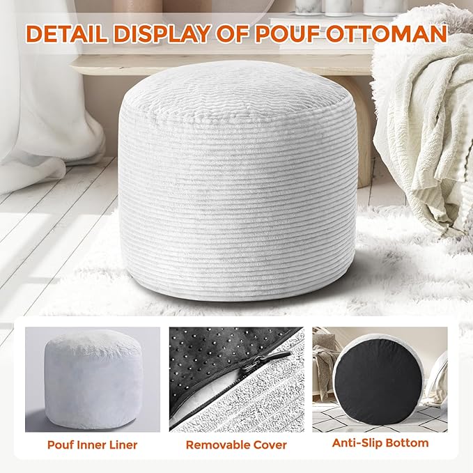 Pouf Ottoman Foot Rest, Comfortable & Soft, Round Footstool for Living Room, Bedroom, Office, Room Decoration, Corduroy Foot Stool Pouf with Odorless & Anti-Clump Filling, Small Grey