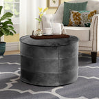 Leather Ottoman,Handmade Stuffed Square Ottoman,Genuine Leather Pouf, Foot Rest Pouf,Comfortable Soft Seating for Living Room & Bedroom (Grey, 1 Round)