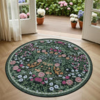 Round Area Rug for Living Room: 4 ft Floral Washable Circle Rug Soft Boho Non-Slip Carpet Indoor Stain Resistant Low Pile Small Circular Rug for Bedroom Entryway Kitchen Nursery Home Office Dark Green