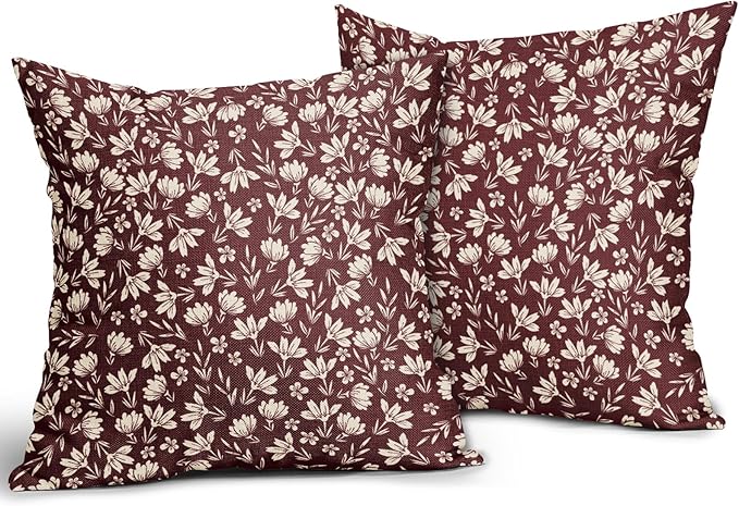 Burgundy Pillow Covers 18x18 Set of 2 Vintage Floral Rustic Old Style Cute Flower Print Decorative Outdoor Pillowcases Seasonal Farmhouse Throw Cushion Case Decor for Couch Sofa Bed