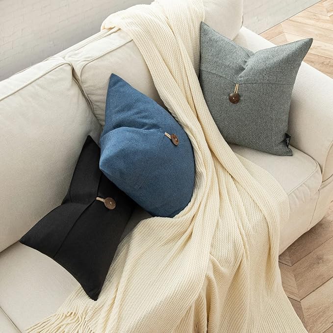 Phantoscope Pack of 2 Farmhouse Throw Pillow Covers Button Vintage Linen Decorative Pillow Cases for Couch Bed and Chair Gray 20 x 20 inches 50 x 50 cm