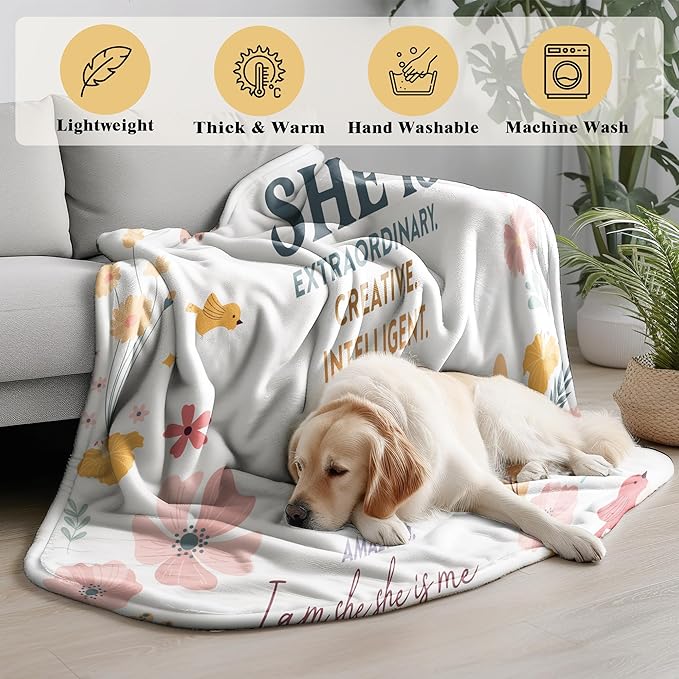 Inspirational Gifts for Women, Boho Inspirational Blanket, Birthday Gifts for Women Sister Grandma, Flower Motivational Positive Throw Blankets for Girly Room Bedroom Home Decor, 50x60 in
