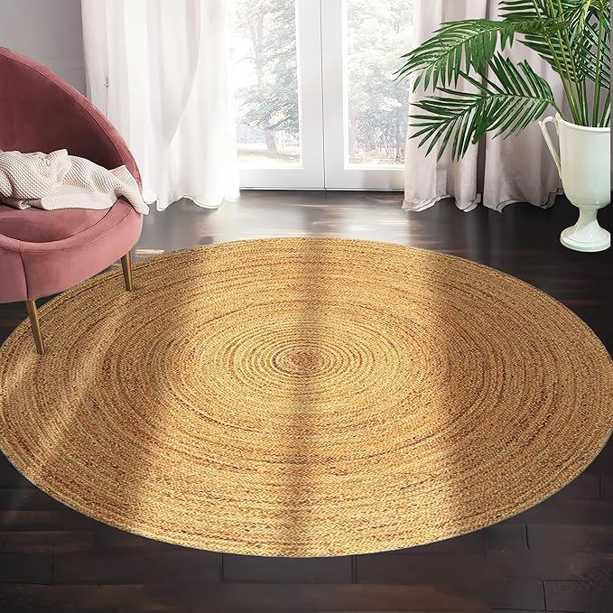 Hand Woven Jute Area Rug - 3' Round - Rustic Beige Reversible Farmhouse Rugs for Bedroom, Kitchen, Living Room - Vintage Natural Braided Entry Floor Décor Circle Boho Round Jute Rug 3ft