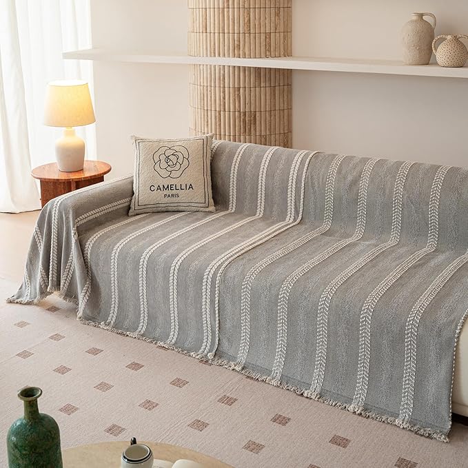 VClife Chenille Sofa Cover Bohemian Striped Pattern Couch Cover for 3 Cushion Sofa - Gray Creamy White Textured Sofa Slipcover Washable Furniture Protector for Couch Decorative Couch Cushion Cover