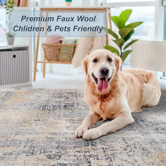 Area Rug 4×6, Vintage Boho Rug,Ultra-Soft Low Pile, Washable, Non Slip,Stain Resistant Printed Carpet for Living Room Bedrooms Playroom Office Kitchen, Gold/Grey