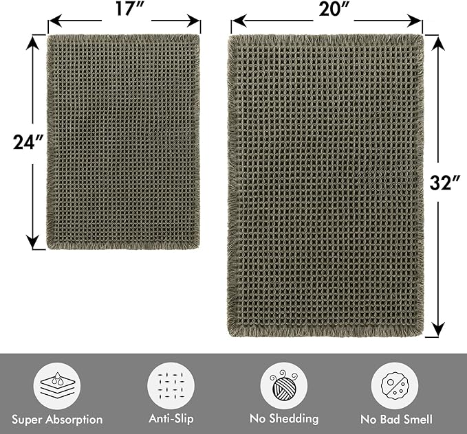 MIULEE Set of 2 Waffle Bathroom Rugs, Boho Bath Rugs Non Slip Washable, Super Absorbent Bath Mats, Ultra Soft Rubber Backed Shower Mats for Bathroom Floor, Tub, Green, 17"x24"+20"x32"
