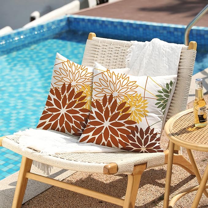DFXSZ Brown and Yellow Floral Pillow Covers 18x18 Set of 2 Outdoor Waterproof Decorative Throw Pillows Summer Pillow Covers Polyester Cushion Case Decor for Couch Patio Funiture Garden Porch 011E18