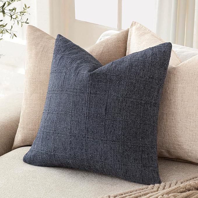 Foindtower Set of 2 Decorative Linen Check Throw Pillow Covers Neutral Farmhouse Vintage Cushion Covers Modern Boho Home Decor for Sofa Chair Couch Bedroom Living Room,26×26 Inch,Navy Blue