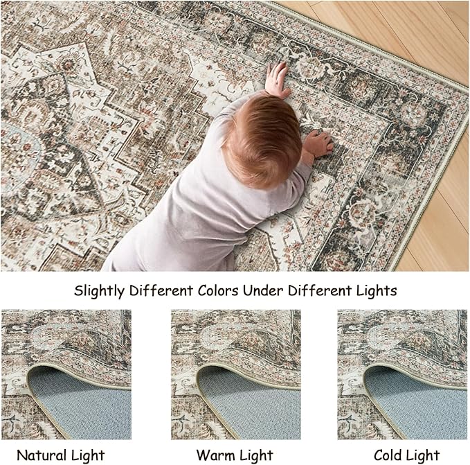 3x5 Area Rug - Washable Kitchen Rugs Non Slip,Soft Low Pile Small Rug for Entryway, Stain Resistant Vintage Area Rugs for Home Decor(Brown/Beige, 3'x5')
