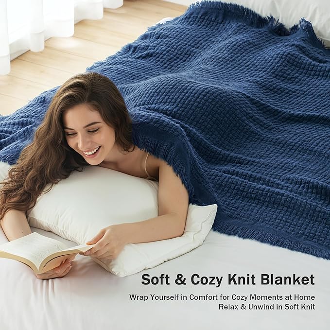 Exclusivo Mezcla Twin Size Knit Blanket with Fringes for Bed, Reversible Super Soft and Warm Woven Boho Throw for All Season, Home Decor, 60"x80", Navy Blue