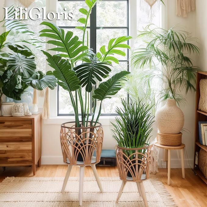 Boho Rattan Plant Stand Indoor Outdoor - Set of 2 (Small & Medium) Wicker Planter Shelf for Multiple Plants, Mid-Century Modern Wooden Flower Pot Holder with Stand, Farmhouse Home Decor for Living Room, Balcony, Patio