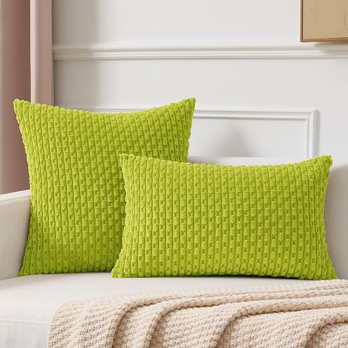 Kevin Textile 14x24 Inch Pillow Cover 1 Pack Boho Christmas Decorative Soft Striped Corduroy Lumbar Farmhouse Accent Rectangle Cushion Case for Living Room Couch Sofa Bed, Spring Green