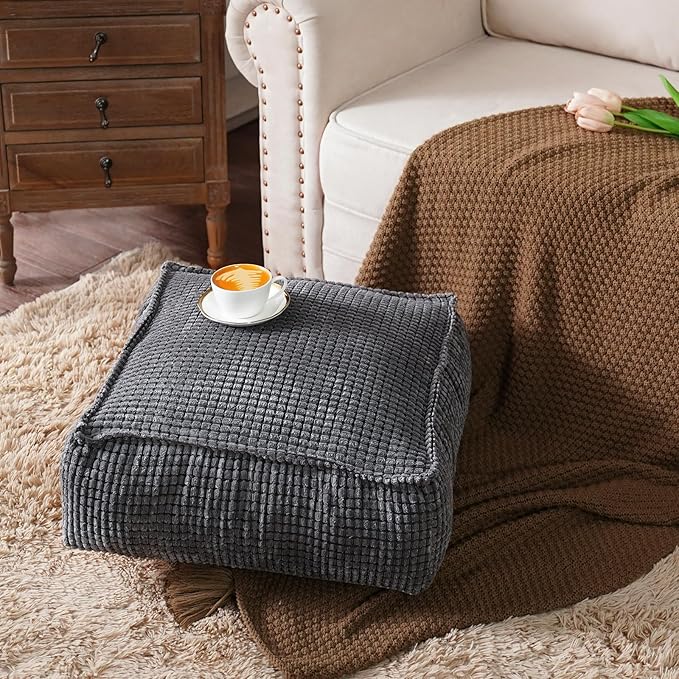 SUTAVIA Pouf Ottoman Cover Unstuffed Pouf Seat Decorative Soft Storage Bean Bag 20x20x8 Inches Square Floor Footrest for Living Room Bedroom (Dark Gray, Square)