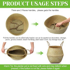 Qunclay 4 Pcs Woven Seagrass Baskets Belly Basket Folding Boho Natural Plant Pot with Handles Round Decorative Wicker Large Indoor Planter for Home Outdoor Tree Planters Decor (XL,12''dx13.8''h)