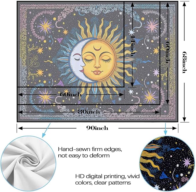 Spenlife Sun and Moon Tapestry, Celestial Couple Tapestries for Bedroom, Aesthetic Wall Decor, Starry Tapestries (80" x 60")