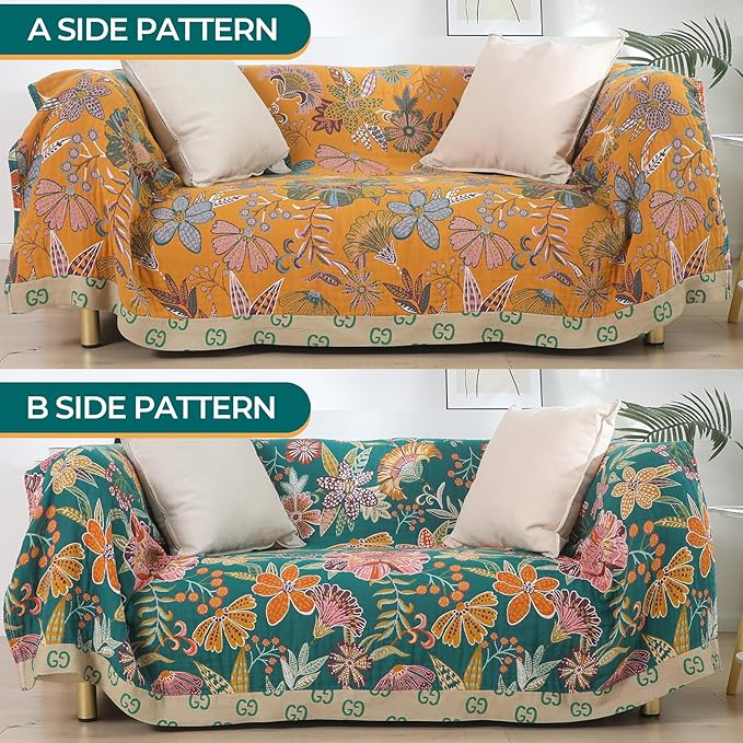 Boho Throw Blankets Reversible Luxurious Cotton Bed Throws with Vintage Bohemian Design & Yellow/Green Lightwight Floral Decor Blanket, Perfect as Bed Sofa Quilt 80" x 90"