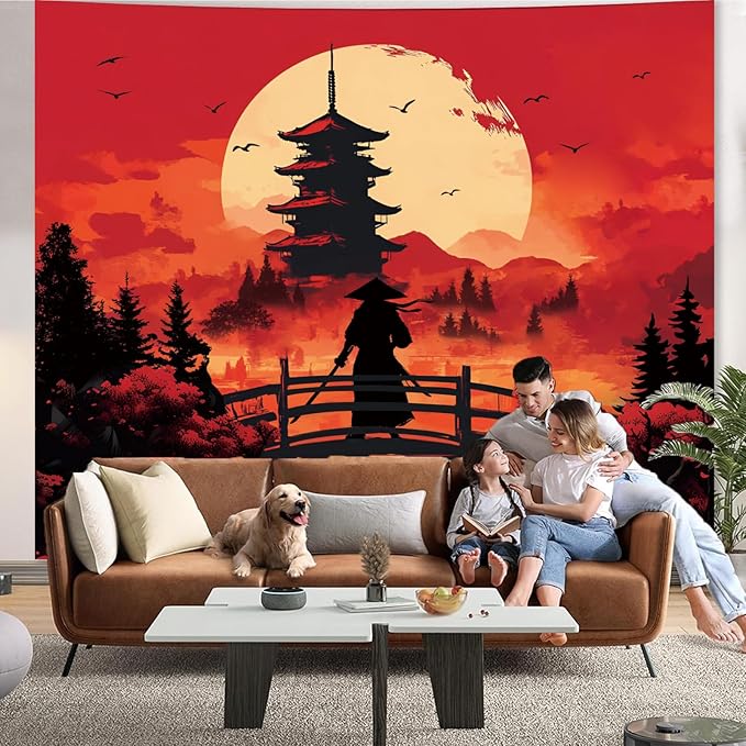 Apdidl Anime Japanese Samurai Wall Tapestry for Bedroom, Cool Black and Red Forest Mountain Moon Backdrop Tapestries Aesthetics, Medieval Dark Sunset Tower Wall Hanging for Men Room Dorm 51"X60"