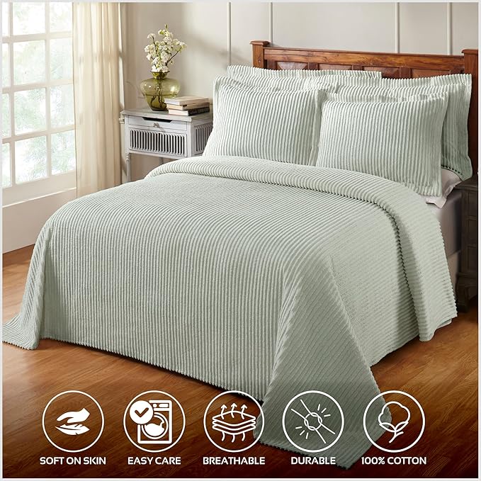 Better Trends Chenille Bedspreads Queen Size, Sage 100% Cotton Chenille Stripe Design Tufted Bedding Coverlet Soft Lightweight, 102"x110" with 2 Sham 3 Pieces Set Jullian Collection