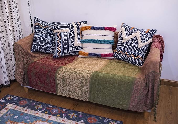 AIVIA Boho Sofa Couch Throw Blanket Futon Slipcover, Recliner Chair Throws Sofa Cover Colorful Chenille Woven Bohemian Decor - 60" x 75" Green Wine Red