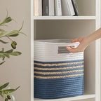 UBBCARE Set of 3 Storage Cubes 13 X 13 X 13 in, Water Hyacinth Storage Bins for Shelves, Toys, Book, Storage Baskets with Handles, Cotton Rope Woven Baskets for Organizing, Blue