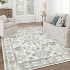 9x12 Washable Area Rugs Beige and Sage Green Vintage Boho Floral Farmhouse Rug for Living Room Bedroom, Non Slip Low Pile Carpet