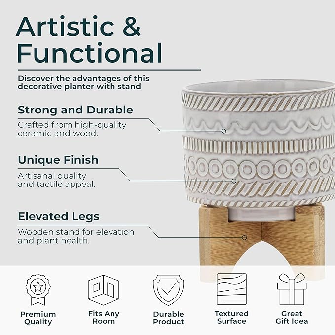 Ceramic Planter with Elevated Stand – Bamboo Indoor Plant Stand, Display for Greenery, Shelf or Patio Placement – Tribal Boho Design for Sculptural Height, Home Decor, Outdoor Decor – 8", Ivory