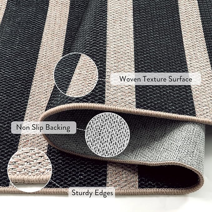 Lahome Elance Striped Easy Jute Runner Rug, 2x8 Kitchen Rug Non Slip Washable Outdoor Runner for Entryway Indoor, Farmhouse Black Indoor Outdoor Carpet for Hallway 8ft Entry