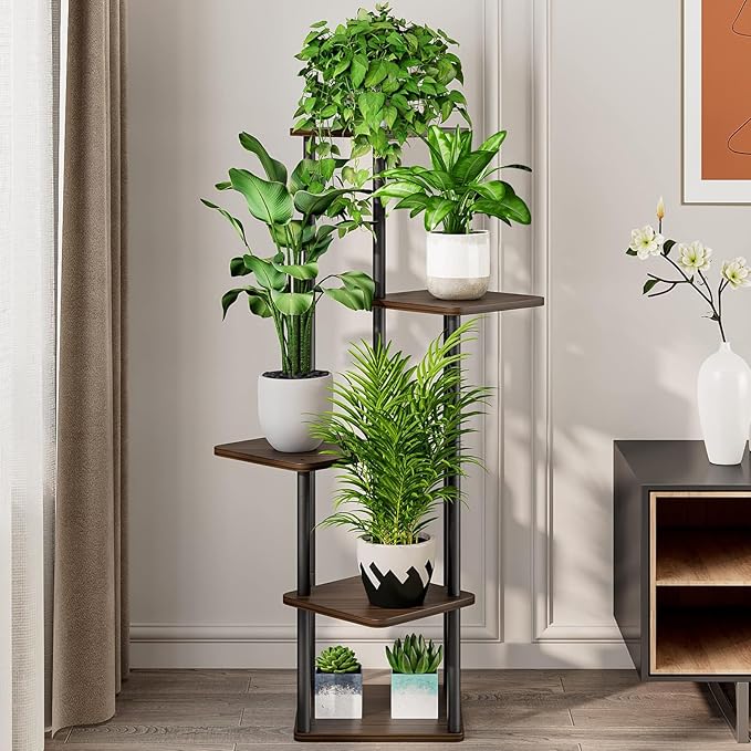5 Tier Plant Stand Indoor, Thickened Metal Wood Corner Plant Shelf Stands for Multiple Plants, Indoor Tall Plants Stand Tiered Flower Holder for Living Room Patio Garden Balcony(Black+Oak)