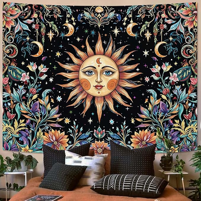 Aipon Sun and Moon Tapestry Hippie Boho Floral Wall Tapestry for Bedroom Aesthetic Colorful Flowers Vintage Celestial Botanical Plant Large Tapestries Wall Hanging for Living Room Dorm 80 x 60 Inch