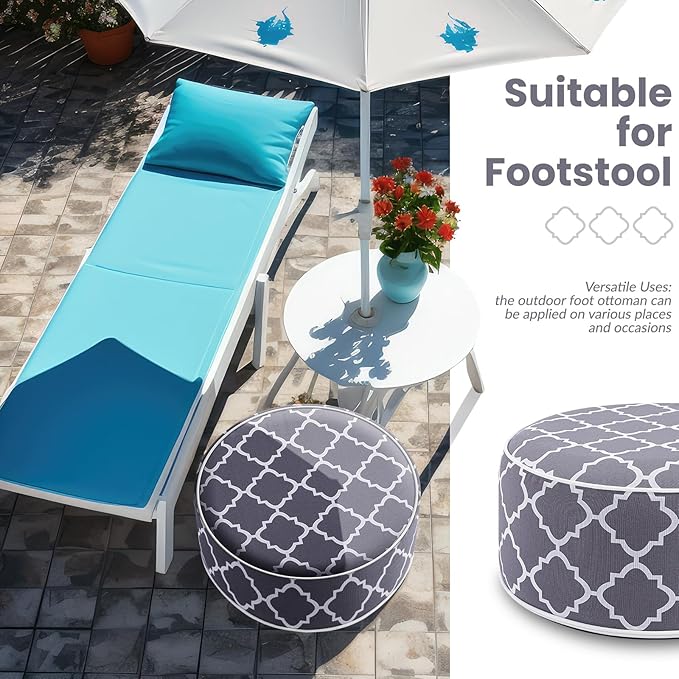Juexica 2 Pack Outdoor/Indoor Inflatable Ottoman, All Weather Round Pouf with Handle D21 x H9, Water Repellent Portable Footstool Pouf for Patio Garden Camping or Home