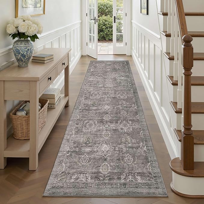 2'6''x8' Runner Rug, Washable Kitchen Rugs, Grey Boho Vintage Floral Hallway Runner, Non Slip Low Pile Area Rug Carpet for Hallway, Kitchen, Laundry Room and Bathroom(Grey/Taupe 2.6x8ft)