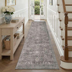 2'6''x8' Runner Rug, Washable Kitchen Rugs, Grey Boho Vintage Floral Hallway Runner, Non Slip Low Pile Area Rug Carpet for Hallway, Kitchen, Laundry Room and Bathroom(Grey/Taupe 2.6x8ft)