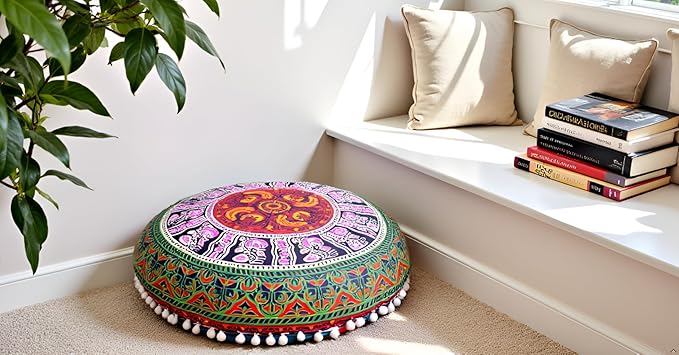 CRAFT KALA Large Round Bohemian Floor Pillow Pouf Cover Mandala Meditation Room Pillow Cover for Adults Boho Seating Poufs Cushion Cover for Kids Playroom Multi 6 Color 32" Round