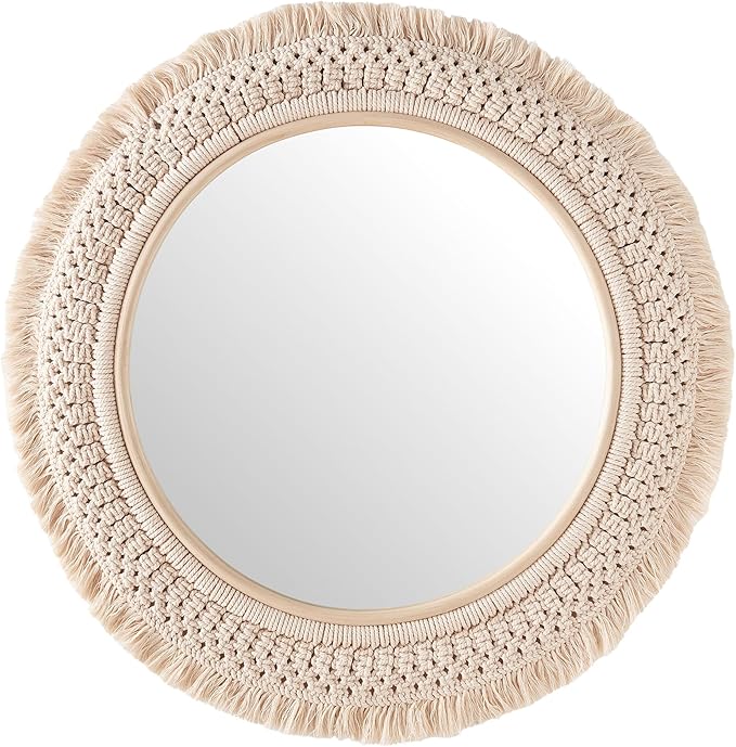 Jade Round Boho Wall Mirror with Natural Rattan Frame and Handwoven Macrame Fringe – Hanging Accent Mirror for Bathroom, Bedroom, or Nursery