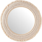 Jade Round Boho Wall Mirror with Natural Rattan Frame and Handwoven Macrame Fringe – Hanging Accent Mirror for Bathroom, Bedroom, or Nursery