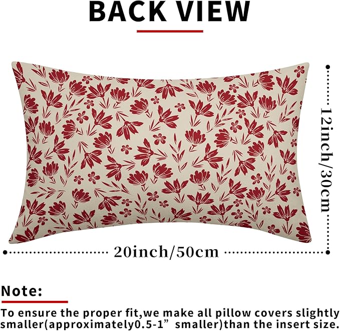 Red Floral Pillow Covers 12x20 Set of 2 Vintage Rustic Old Style Cute Small Flower Cream Print Rectangle Decorative Outdoor Pillowcases Fall Farmhouse Throw Cushion Case Couch Sofa Bed Decor