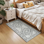 Lessymo 2 x 5 Runner Entryway Rug, Machine Washable Kitchen Rugs Boho Faux Wool Low Pile Long Rug for Bedroom, Floral Medallion Vintage Rugs with Non-Slip Rubber, Grey Beige