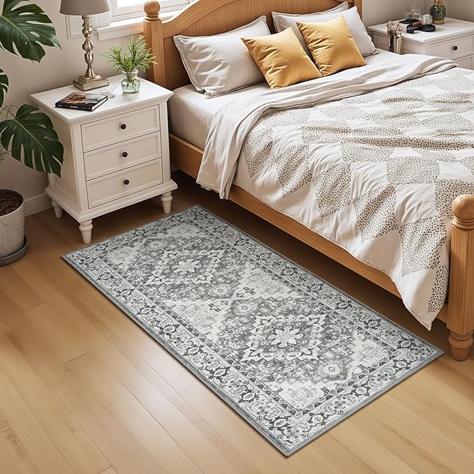 Lessymo 2 x 5 Runner Entryway Rug, Machine Washable Kitchen Rugs Boho Faux Wool Low Pile Long Rug for Bedroom, Floral Medallion Vintage Rugs with Non-Slip Rubber, Grey Beige