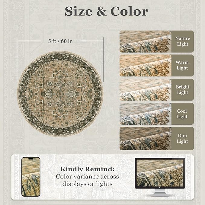 Washable Round Rugs 5ft, Low Pile Thin Circle Entryway Rugs Non Slip, Traditional Medallion Printed Circle Carpet 5 feet for Bedroom Living Room Kitchen Dining Room, Multi Brown/Green
