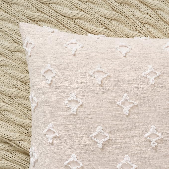 ANRODUO Pack of 2 Beige Floral Boho Decorative Throw Pillow Covers with Tufted Rhombic Jacquard for Room Decor Boho Pillow Covers Decorations 18x18 Soft Pillowcase for Couch Sofa Bed and Living Room