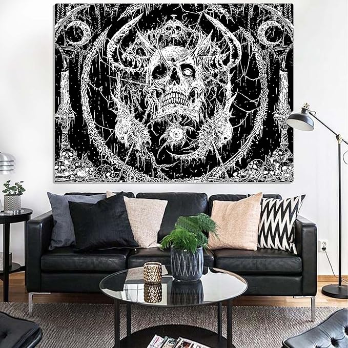 Lifeella Skull Tapestry, Gothic Horror Moon Skeleton Mystic Dark Tapestries for Bedroom Grunge Wall Hanging Black and White 60 x 80 inch